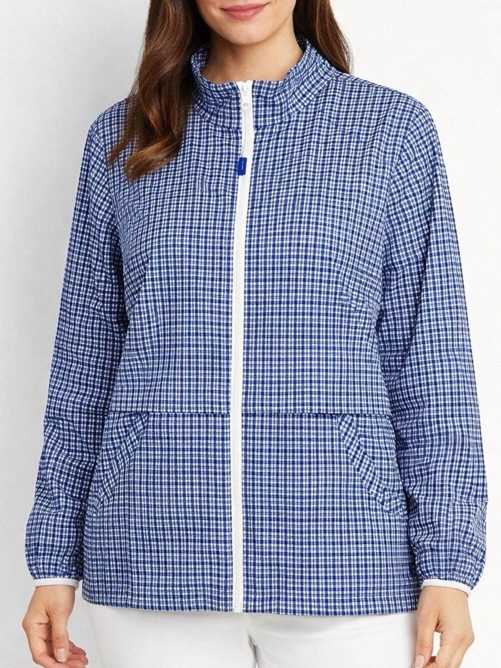 T by Talbots Lightweight Zip Up Jacket Blue & White Plaid Size Large Petite - Picture 1 of 10